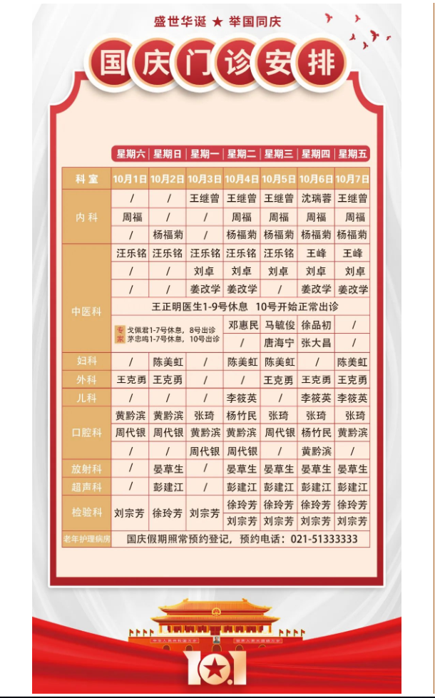 重要通知丨2022年明珠医院国庆假期不停诊，全心全意为患者服务（附门诊医生排班表）！